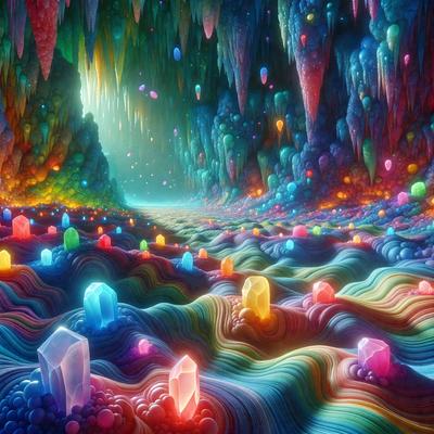 The primary subject of the image is a colorful, abstract landscape featuring a variety of brightly colored crystals and gems. The setting is a cave-like environment, with the crystals and gems scattered throughout the scene. The visual style is a combination of digital art and illustration, creating a vibrant and dynamic atmosphere. The dominant colors in the image are a mix of reds, greens, blues, and purples, giving the scene a lively and energetic mood.